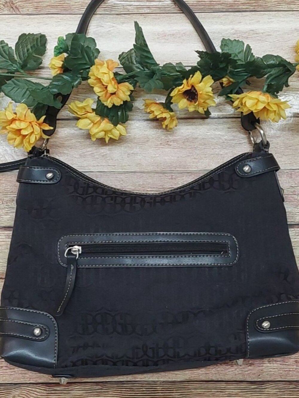 Gianni Bini Black Baguette Signature Print Leather Accent Shoulder Bag Purse